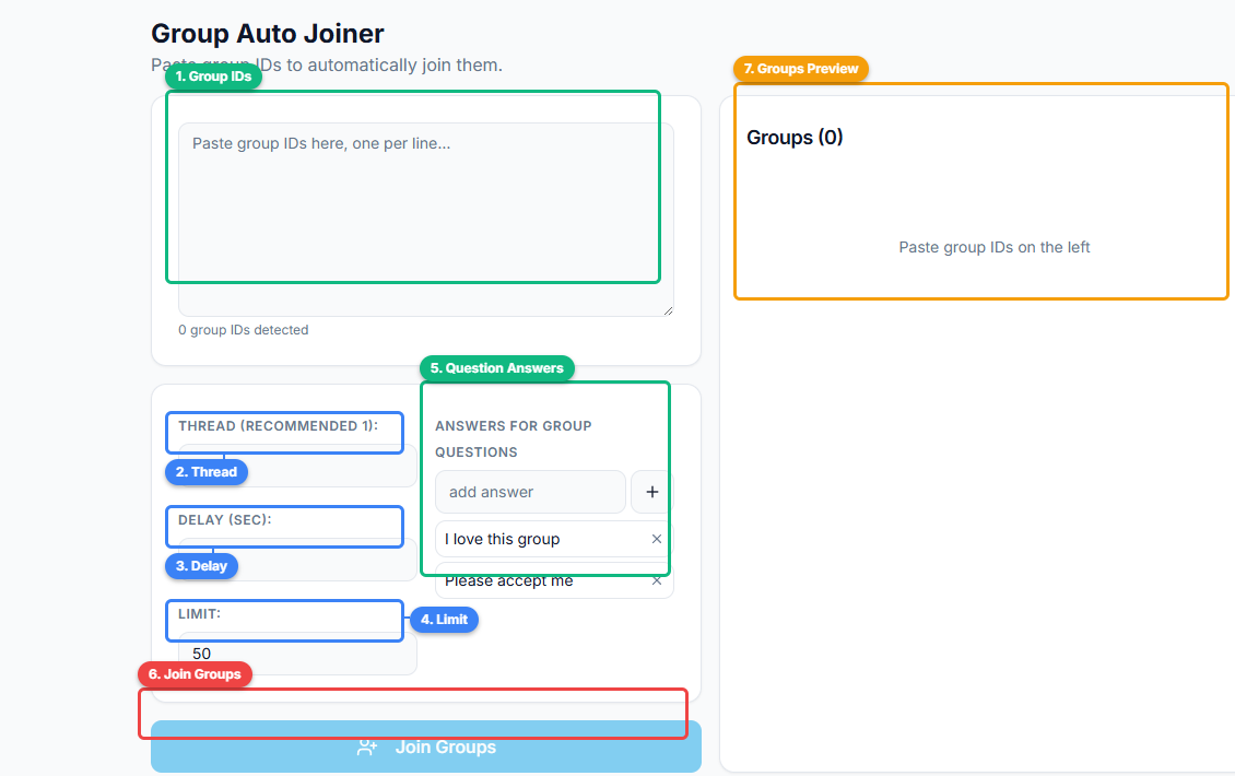 FaceBot Auto Group Joiner interface showing group IDs input area, thread and delay settings, limit control, question answers section, join groups button, and groups preview panel