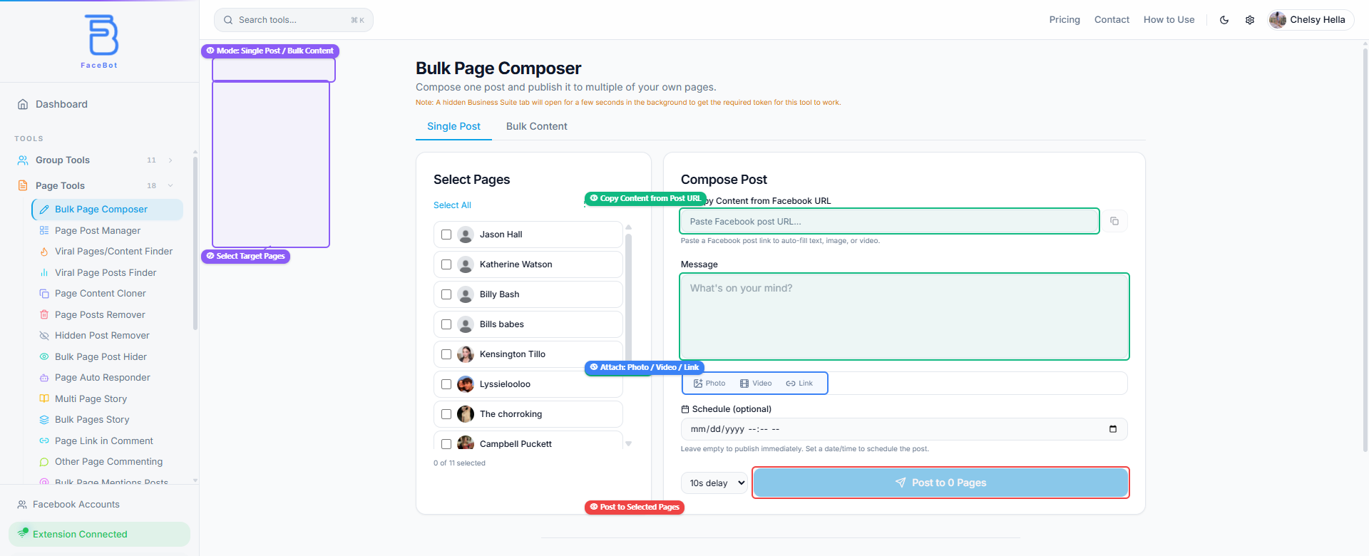 Bulk Page Composer interface showing page selector, compose post area with message input, media attachments, schedule option, and post button