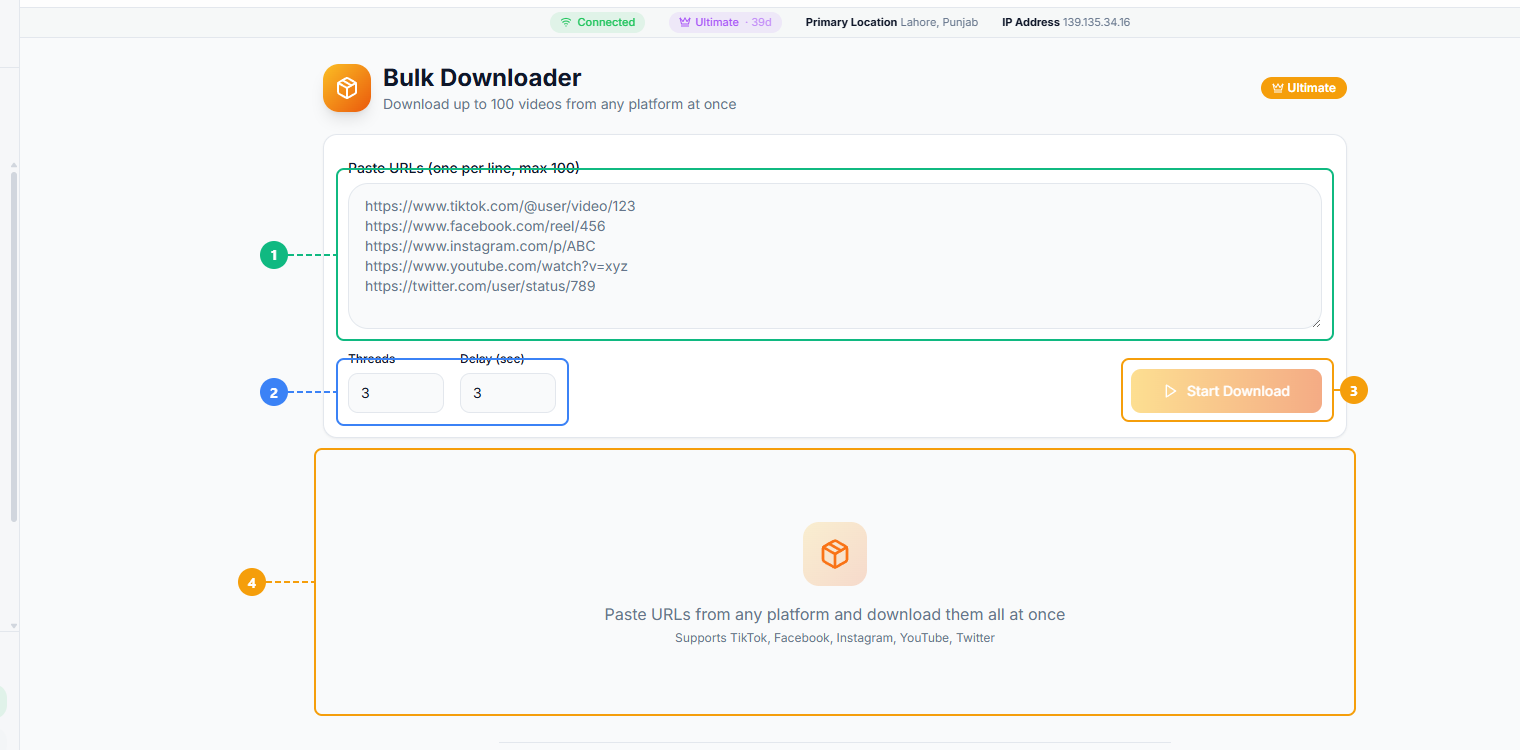 FaceBot Bulk Downloader interface showing URL textarea for multiple links, platform and settings options, download button, and results queue