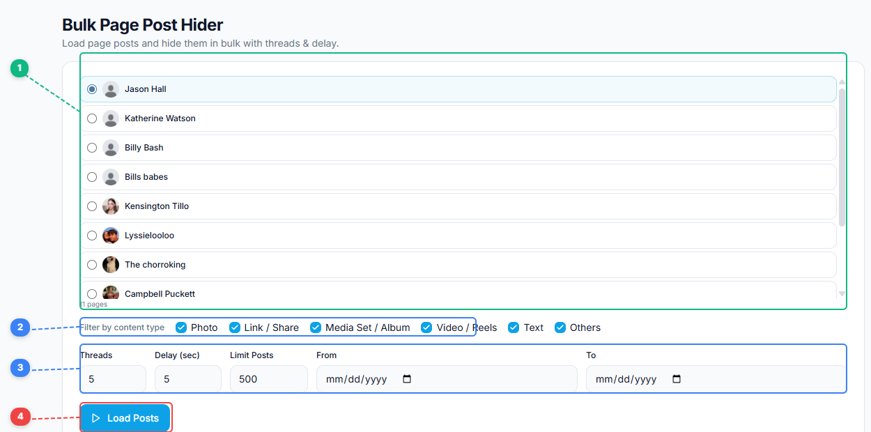 FaceBot Bulk Page Post Hider interface showing page selection list, content type filters, thread and delay settings, and Load Posts button