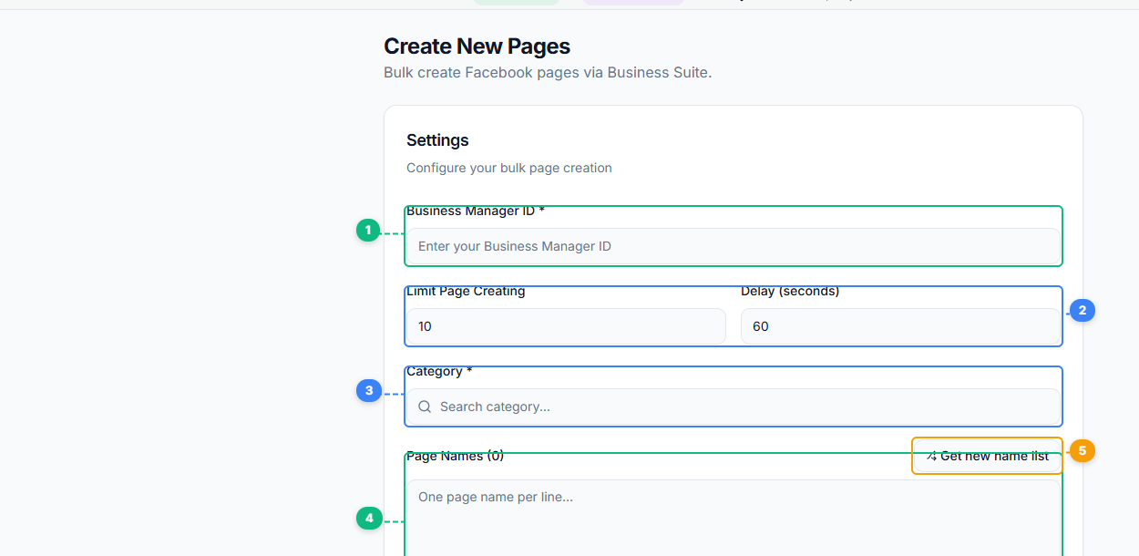 FaceBot Create New Pages interface showing Business Manager ID input, page limit and delay settings, category search, page names textarea, and name generator button