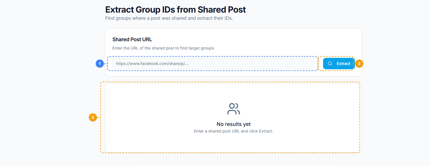 FaceBot Extract GID from Shared interface showing URL input area, Extract button, and results panel