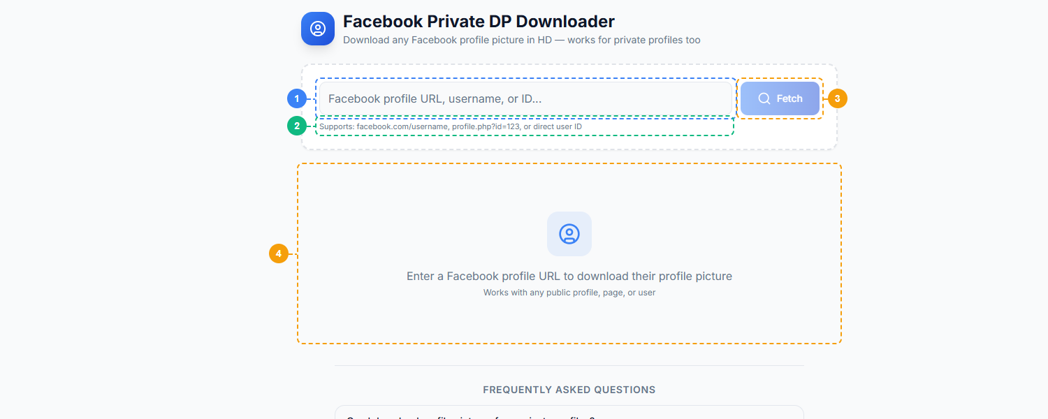 FaceBot Facebook Private DP Downloader interface showing URL input field, supported format hints, Fetch button, and results area