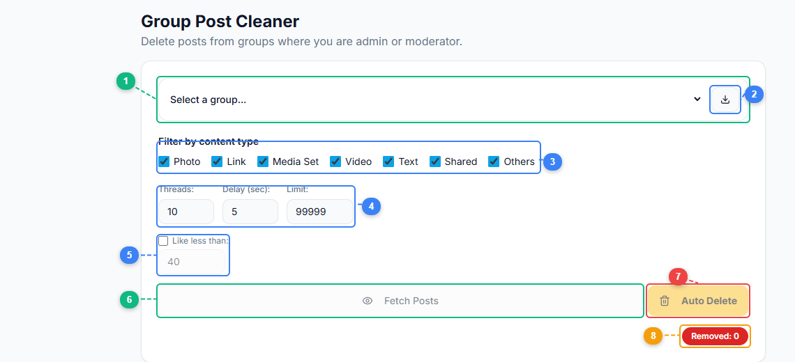 FaceBot Group Post Cleaner interface showing group selector, content type filters, threading controls, like threshold, fetch and delete buttons