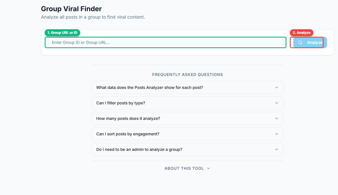 FaceBot Group Viral Finder interface showing group URL input field and Analyze button