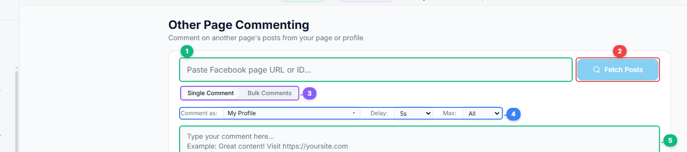 FaceBot Other Page Commenting interface showing page URL input, Fetch Posts button, comment mode tabs, settings row, and comment textarea