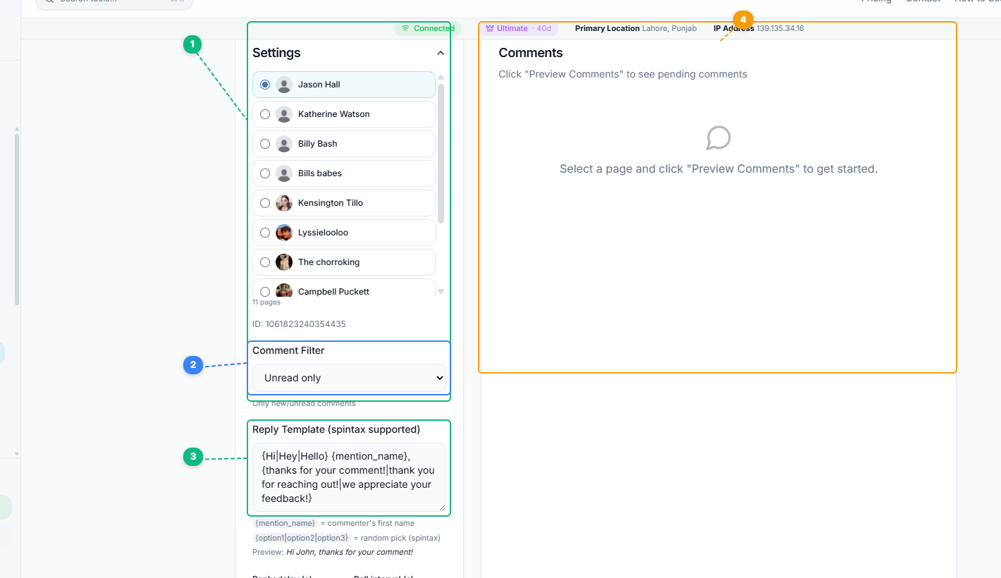 FaceBot Page Auto Responder interface showing page selection list, comment filter dropdown, reply template editor, and comments preview panel