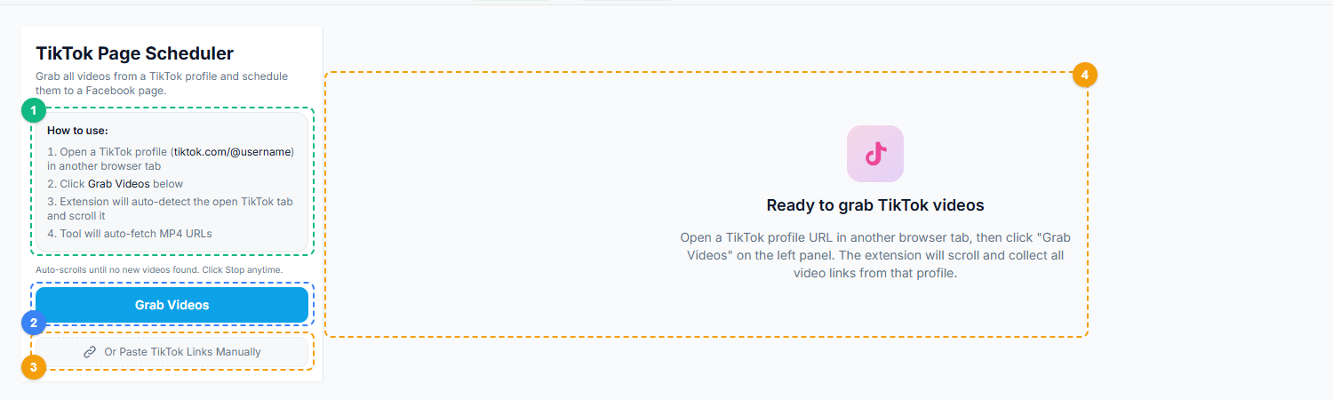FaceBot TikTok Page Scheduler interface showing usage instructions, Grab Videos button, manual link paste option, and video queue panel