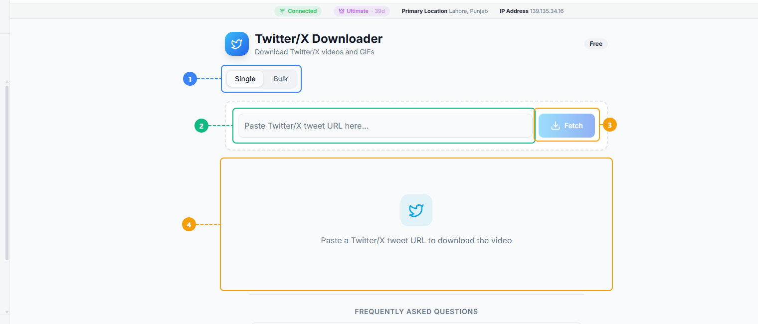 FaceBot Twitter/X Downloader interface showing Single and Bulk mode tabs, URL input field, Fetch button, and results area