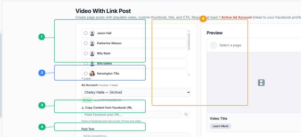 FaceBot Video With Link Post interface showing page selection, ad account dropdown, content URL import, post text composer, and preview panel