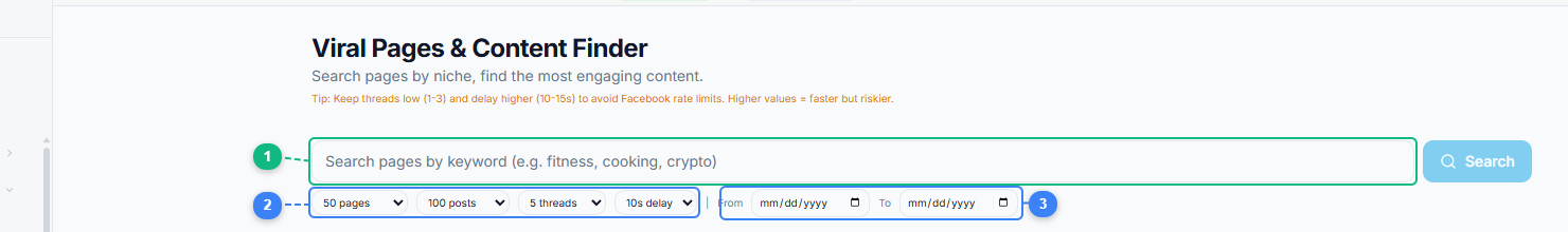 Viral Pages Content Finder interface showing keyword search, scanning configuration dropdowns, date range filters, and Search button